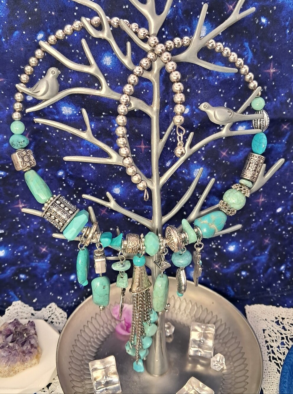 High Density Southwestern Turquoise Memory Wire Necklace w/ Cross & Tassels